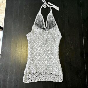 Ricki's Metallic Silver/Cream Lined Crocheted Halter Neck Style Top Size Small